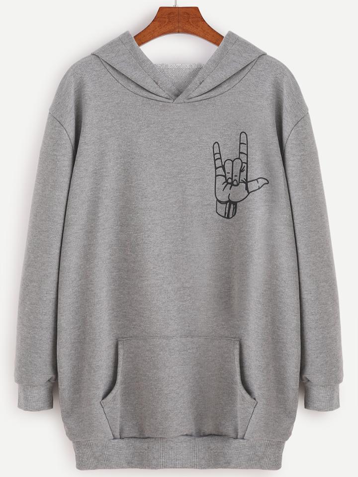 Shein Grey Love Gesture Print Hooded Sweatshirt