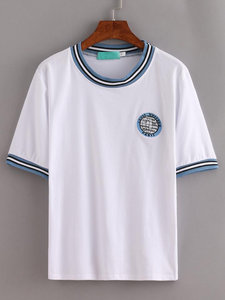 Shein White Striped Trim Earth Embroidered T-shirt