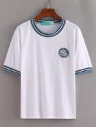 Shein White Striped Trim Earth Embroidered T-shirt