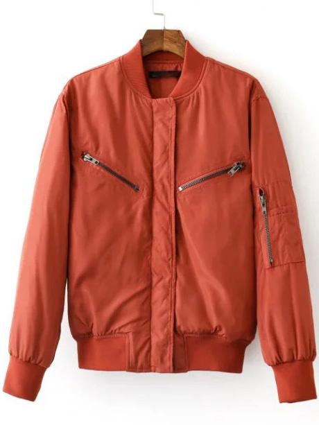 Shein Red Crew Neck Rib-knit Cuff Zipper Jacket