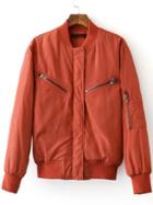 Shein Red Crew Neck Rib-knit Cuff Zipper Jacket