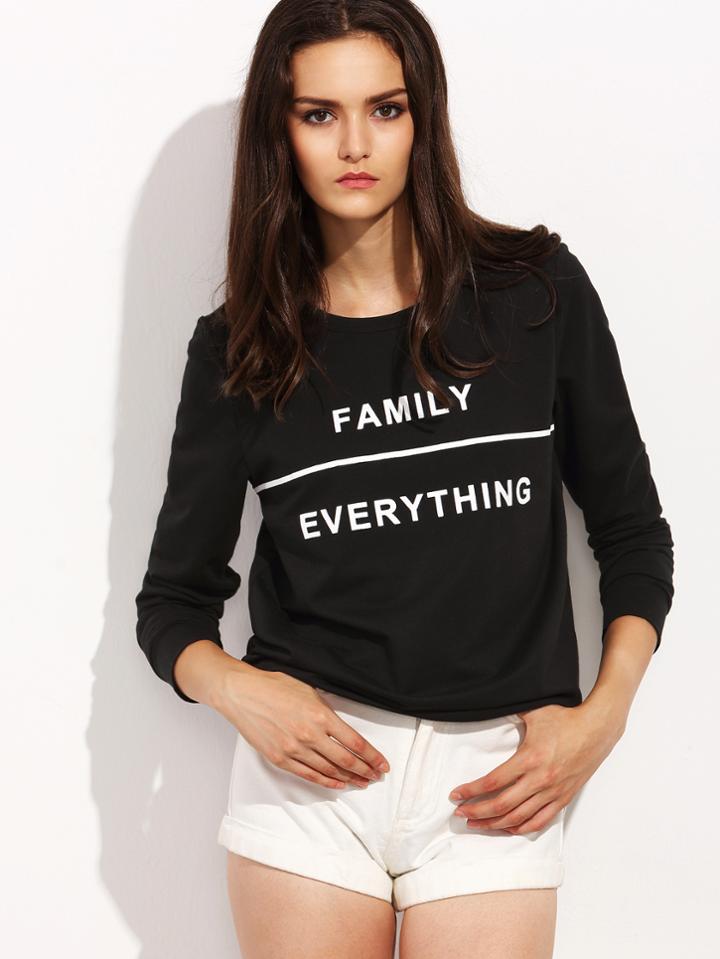 Shein Black Letter Print Round Neck Long Sleeve T-shirt