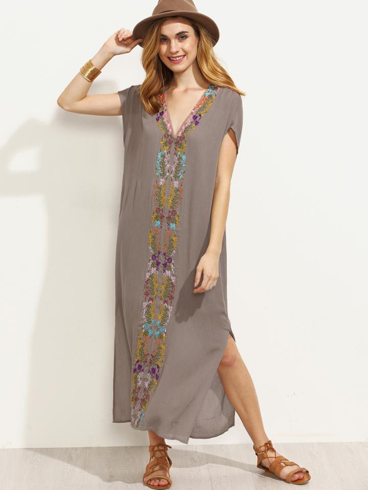 Shein V Neck Embroidered Split Side Short Sleeve Dress