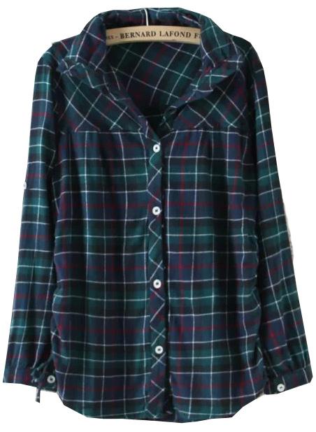 Shein Green Blue Lapel Plaid Loose Blouse
