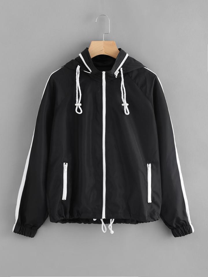 Shein Drawstring Hem Detachable Hood Windbreaker Jacket