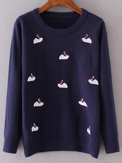 Shein Navy Swan Embroidery Ribbed Trim Knitwear