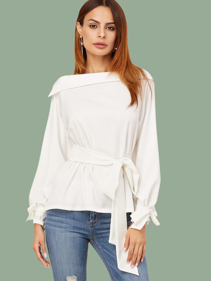 Shein White Fold Boat Neck Belted Waist And Cuff Blouse