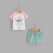 Shein Girls Raglan Sleeve Cartoon Tee & Shorts Pj Set