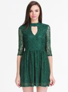 Shein Green Long Sleeve Hollow Lace Pleated Dress