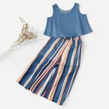 Shein Girls Crop Vest With Striped Wide Leg Pants