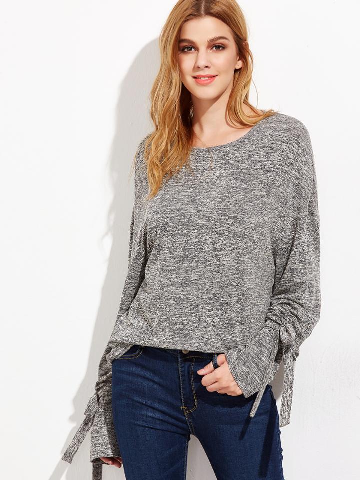 Shein Grey Marled Knit Belted Cuff T-shirt