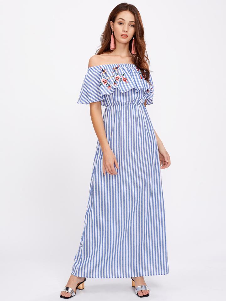 Shein Flower Embroidered Flounce Bardot Dress
