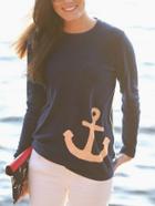 Shein Navy Long Sleeve Anchors Print T-shirt