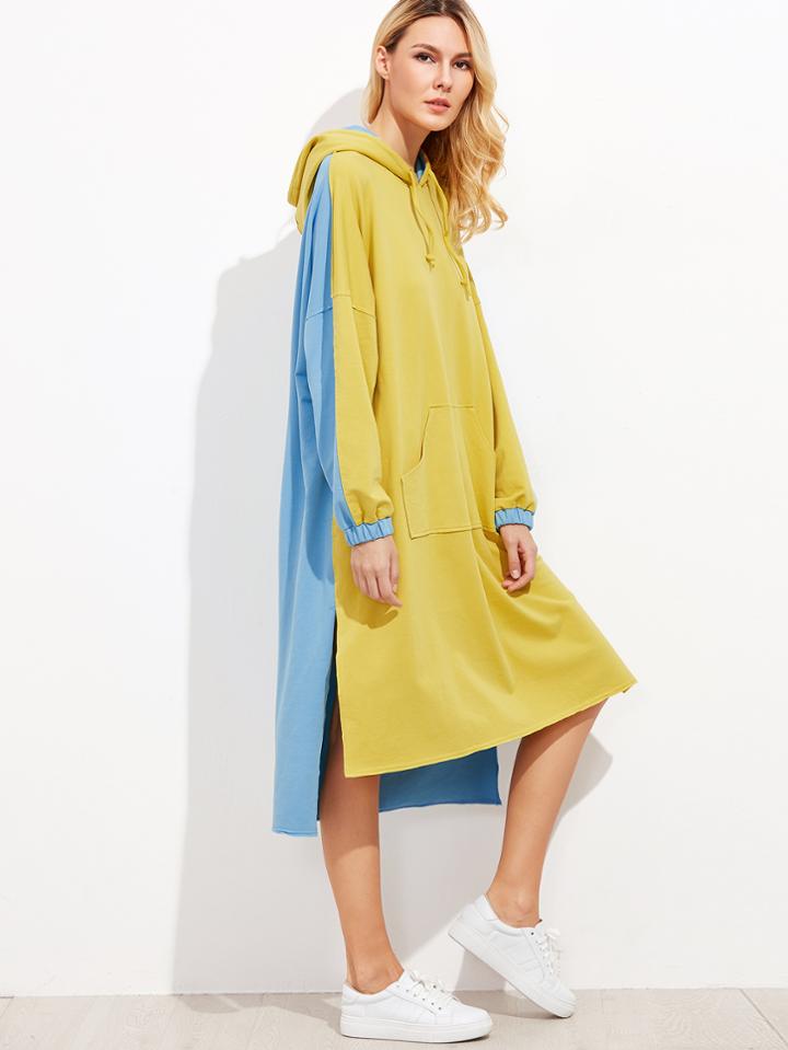 Shein Contrast Drop Shoulder Side Slit High Low Hoodie Dress
