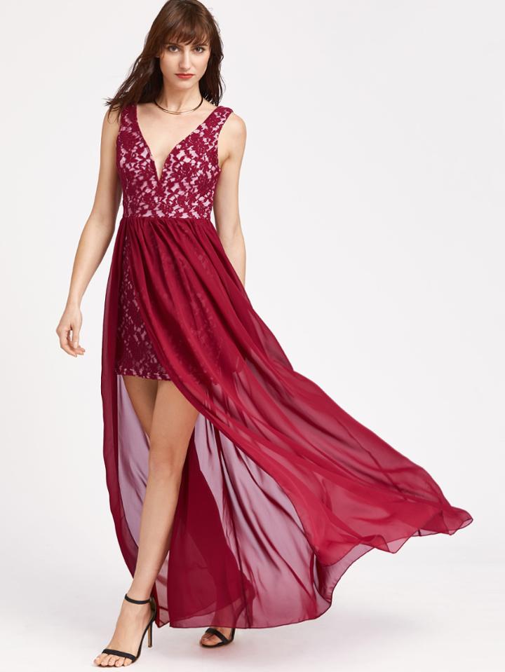 Shein Burgundy Deep V Neck Backless Chiffon Overlay Slit Dress