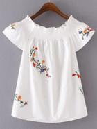 Shein White Smock Off The Shoulder Embroidery Blouse