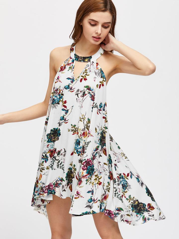 Shein Keyhole Halter Strappy Racerback Swing Botanical Dress