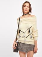 Shein Foldover Off Shoulder Tasseled Whipstitch Fuzzy Jumper