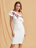 Shein Flower Embroidery Frill One Shoulder Textured Dress