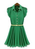 Rosewe Graceful Green Turndown Collar Pleated Knee Length Dress