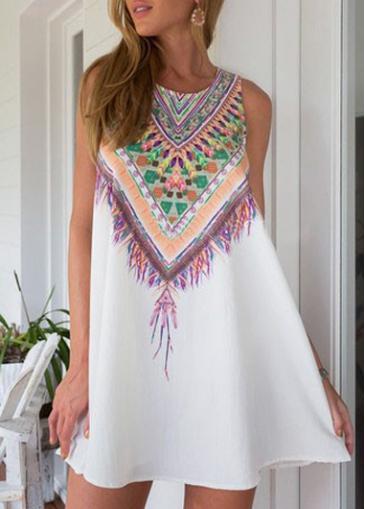 Rosewe Ethnic Print Sleeveless White Shift Dress
