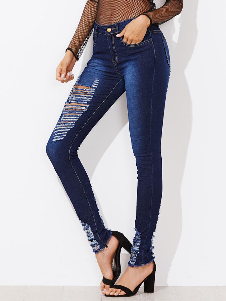 Shein Destroyed Fray Hem Skinny Empire Jeans