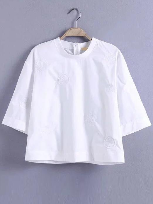 Shein White Elbow Sleeve Embroidered Zipper Back Blouse