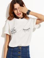 Shein White Wink Eyes Print Drop Shoulder T-shirt