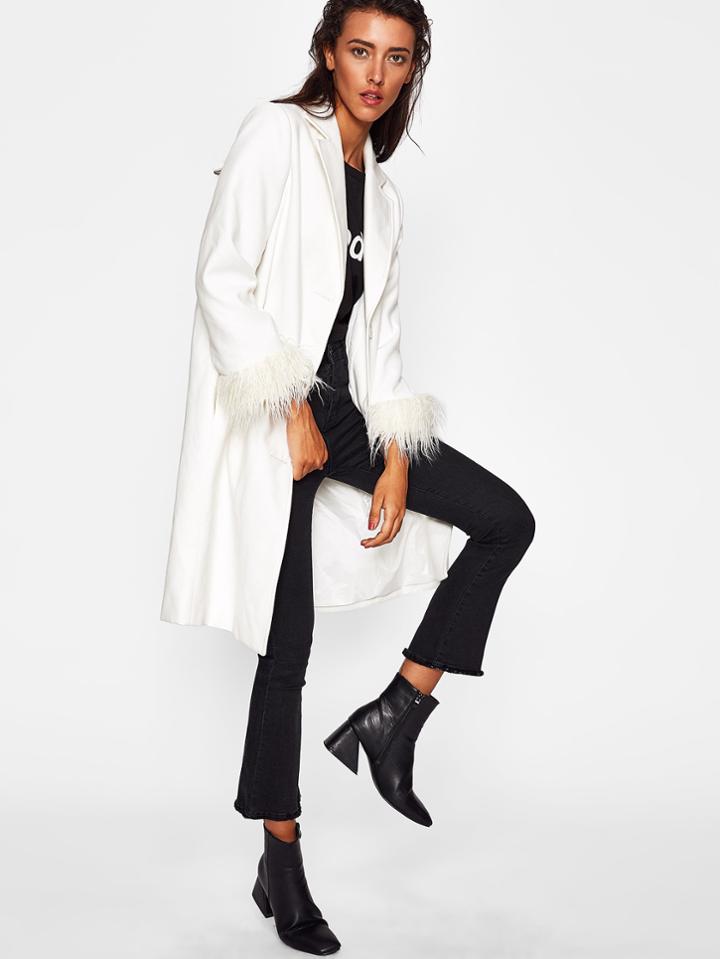 Shein Faux Fur Cuff Notch Collar Longline Coat
