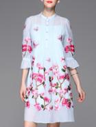 Shein Blue Sheer Bell Sleeve Flowers Embroidered Dress