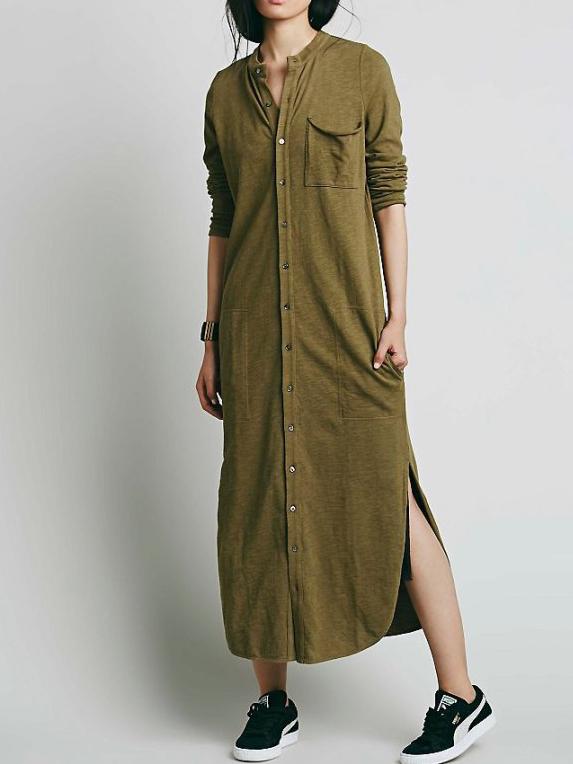 Shein Olive Green Stand Collar Pocket Shirt Dress