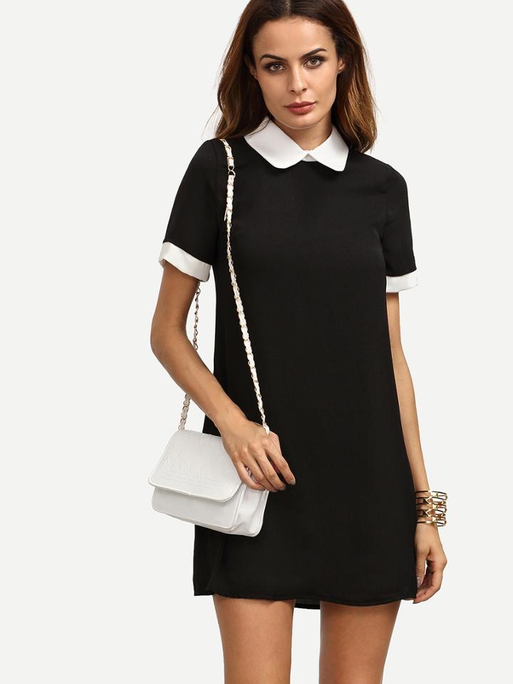 Shein Black Peter Pan Collar Short Sleeve Shift Dress