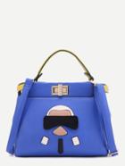 Shein Blue Cartoon Patch Pu Handbag With Strap