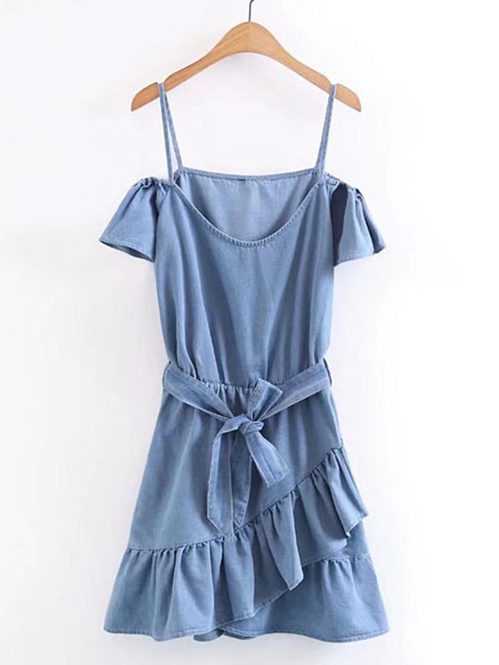 Shein Cold Shoulder Ruffle Trim Denim Dress With Self Tie