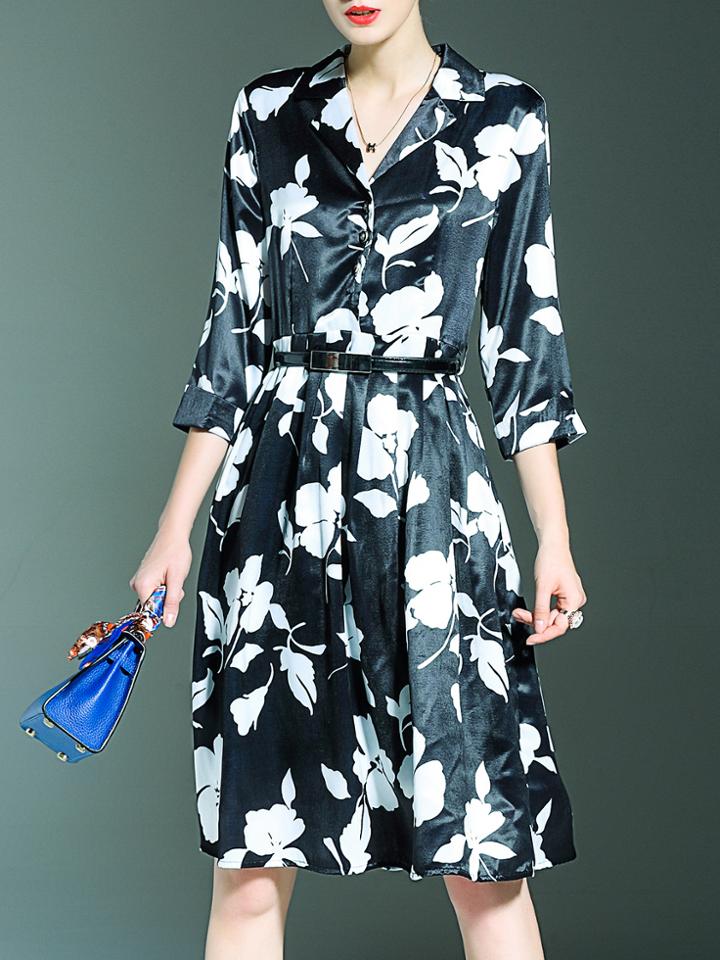 Shein Black V Neck Flowers Print Belted Dress