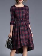 Shein Navy Plaid Print Belted High Low Dress