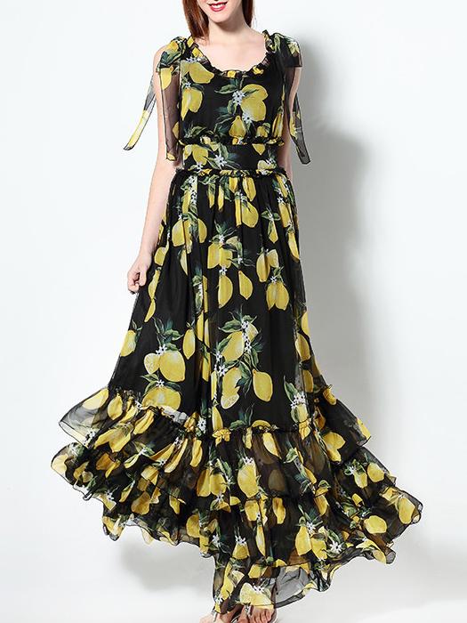 Shein Black Tie Sleeve Lemon Ruffle Maxi Dress