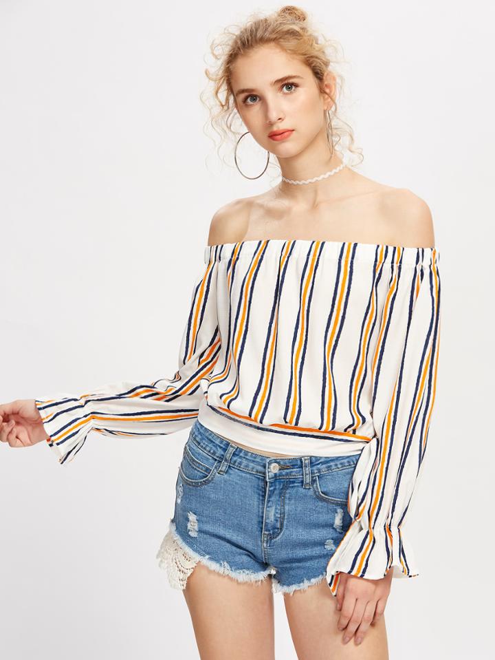 Shein Bardot Knotted Hem Striped Top
