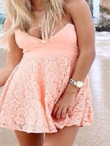 Shein Pink Sleeveless V-neck Halter Wrapped Chest Lace Dress