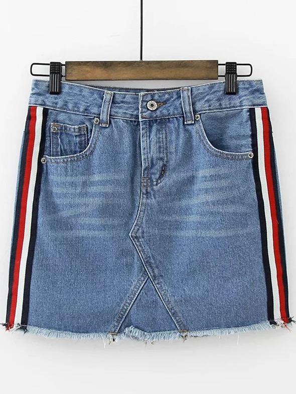 Shein Blue Striped Side Raw Hem Skirt