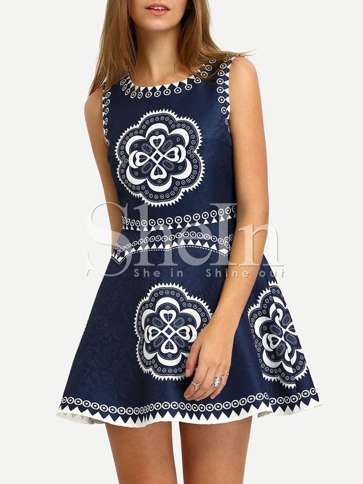 Shein Blue Crew Neck Tribal Print Flare Dress