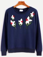 Shein Navy Flower Patches Contrast Hem Sweatshirt