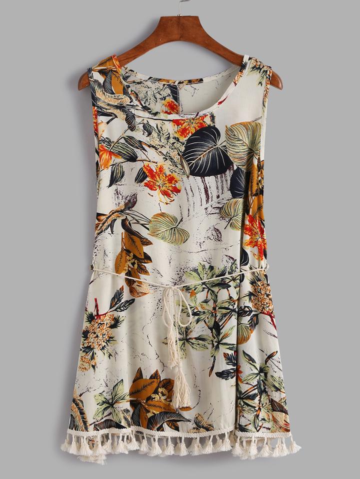 Shein Tropical Print Fringe Hem Tank Top