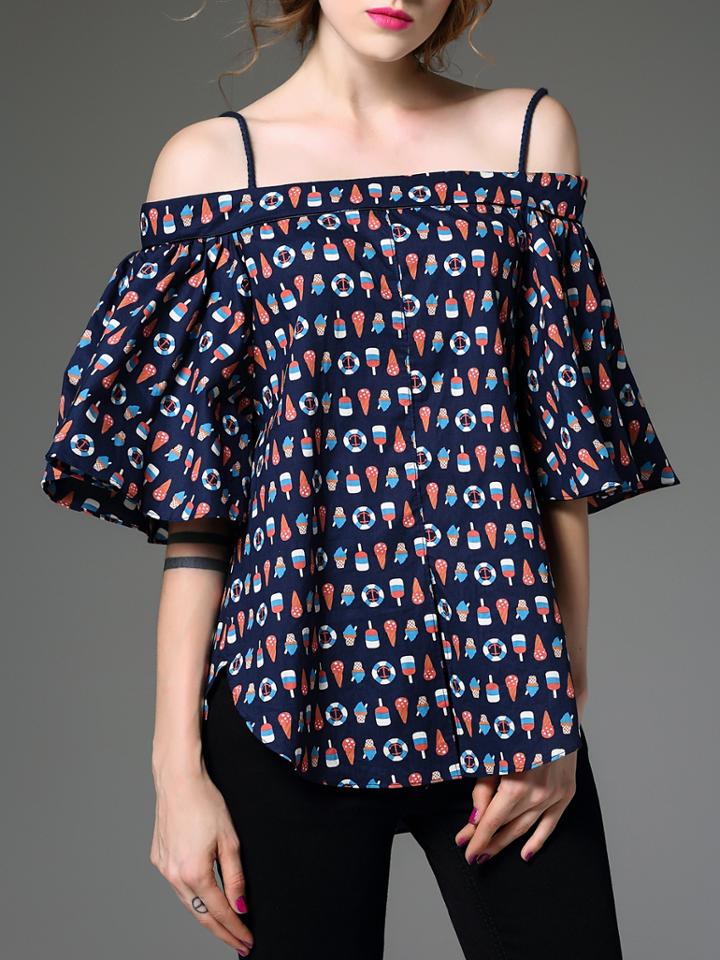 Shein Navy Spaghetti Strap Bell Sleeve Print Blouse