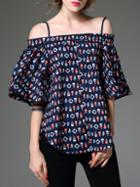 Shein Navy Spaghetti Strap Bell Sleeve Print Blouse