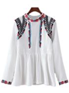 Shein Multicolor National Embroidery Stand Collar Doll Blouse