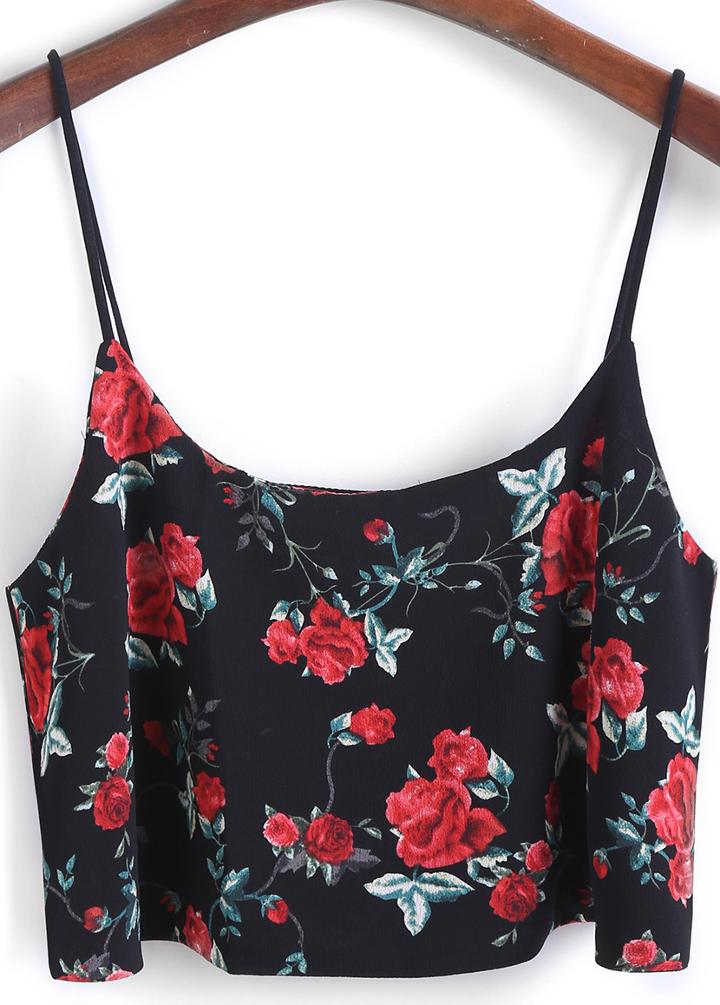Shein Black Spaghetti Strap Floral Chiffon Cami Top
