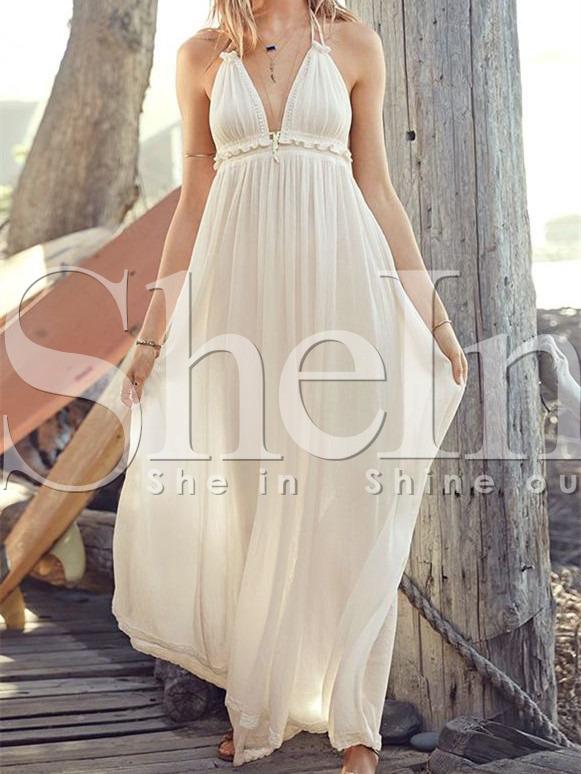 Shein Beige Spaghetti Strap Multiway V Neck Backless Maxi Dress