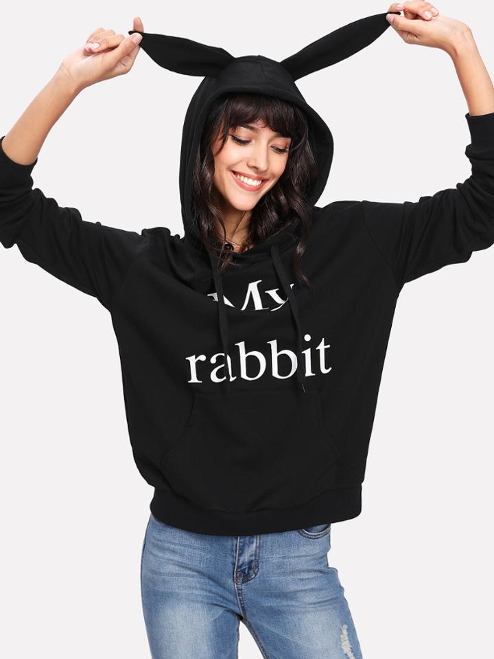 Shein Letter Print Rabbit Ear Hoodie