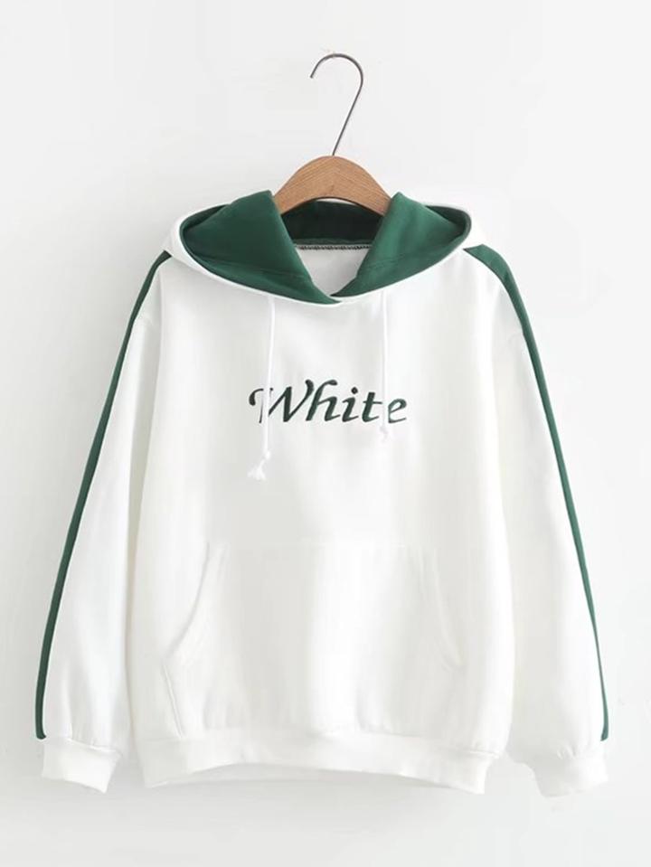 Shein Slogan Embroidery Contrast Tape Hoodie